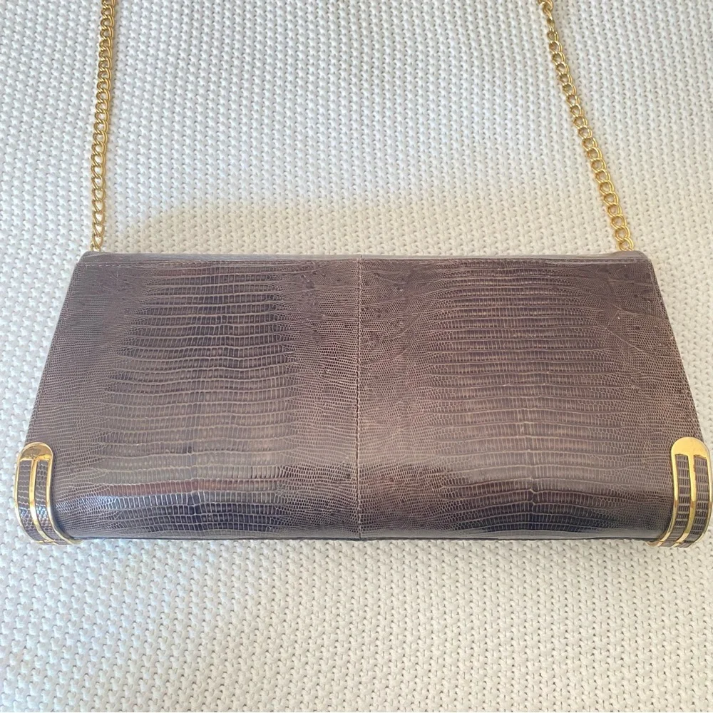 Vintage Reptile Skin Large Clutch Crossbody Gold Metal Chain